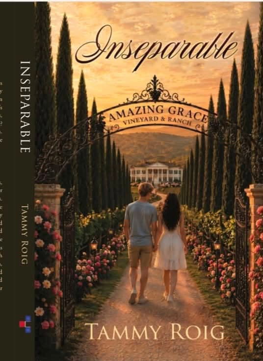 Cover of Inseparable by Tammy Roig: a couple walks hand in hand beneath cypress trees toward a Tuscan vineyard estate at sunset, framed by roses and an iron gate reading Amazing Grace Vineyard & Ranch.